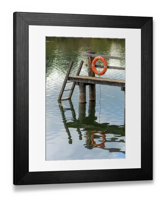 Framed Print : Jetty with lifebuoy Klostersee m Kloster Seeon