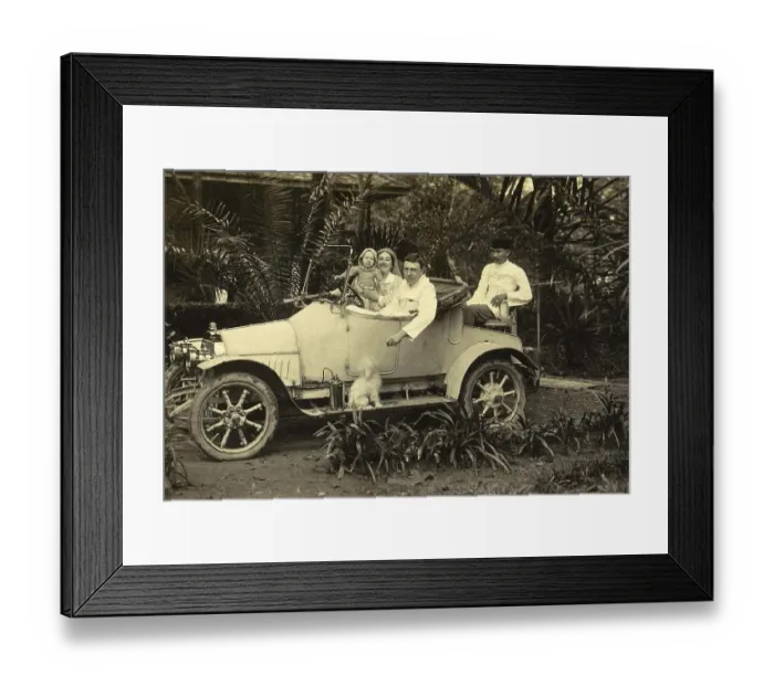 Framed Print : History of the Automobile, Bergsma Family and Indian Man in a Car on Sumatra