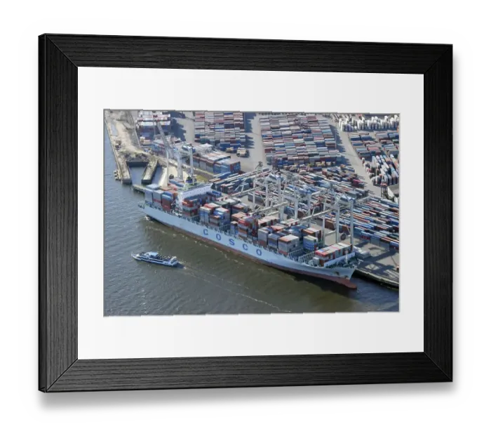 Framed Print : Aerial view of a container ship of the Chinese shipping company COSCO