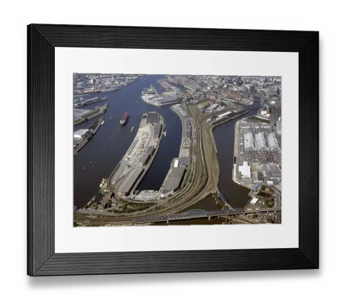 Framed Print : Historical aerial view from the year 2000 of Hamburg's free port which is becoming the Hafencity