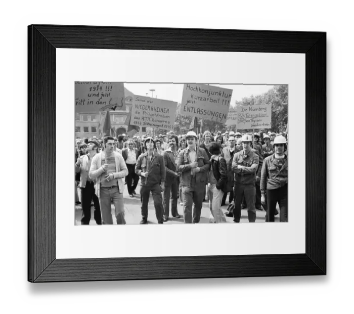 Framed Print : Steelworkers at the Thyssen works in Duisburg took to the streets out of concern for their jobs on 22