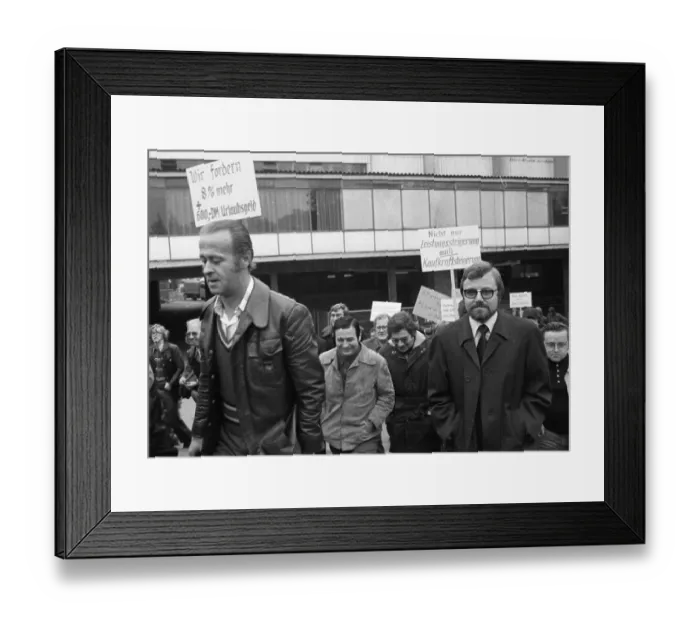 Framed Print : Workers and employees of Hoesch AG Westfalenhuette demonstrated in the collective bargaining dispute on 6 November 1975