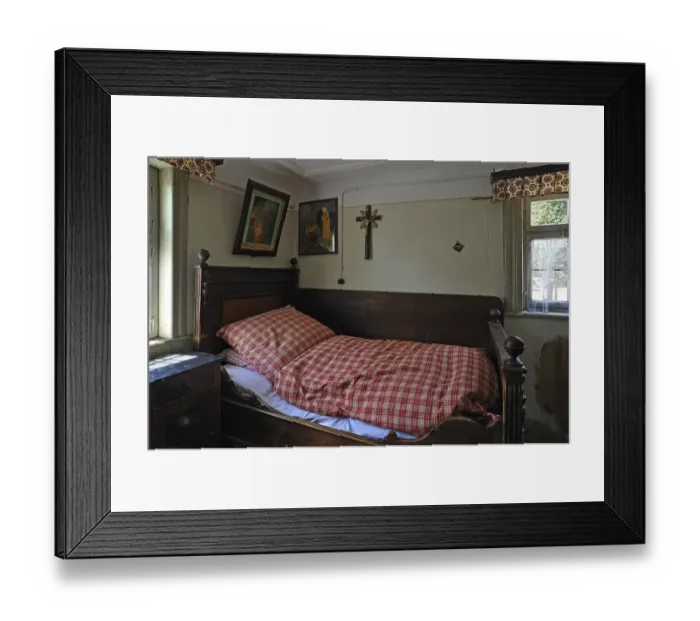 Framed Print : Bed in the lower bedroom at the time around 1920
