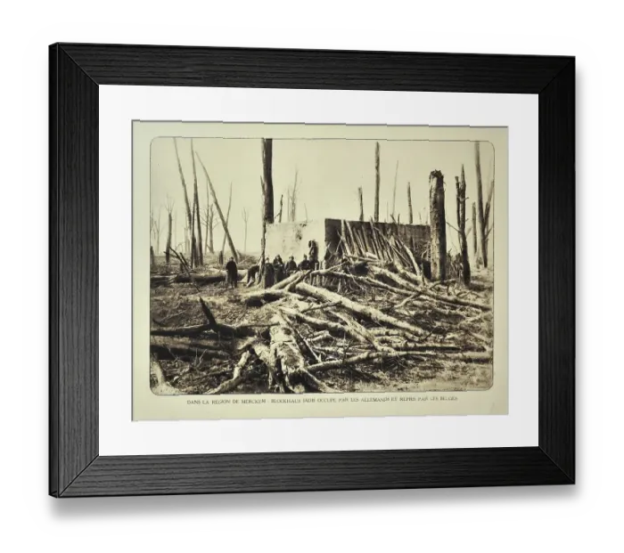 Framed Print : Soldiers standing next to bunker in bombarded forest at Merkem in Flanders during the First World War Framed Print : Soldiers standing next to bunker in bombarded forest at Merkem in Flanders during the First World War