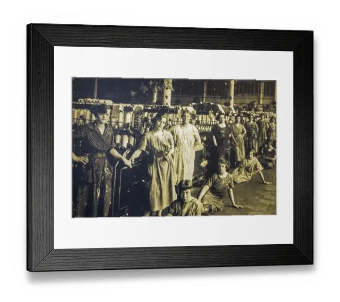 Framed Print : Old archival photograph showing female workers posing in spinning mill in the early twentieth century Framed Print : Old archival photograph showing female workers posing in spinning mill in the early twentieth century
