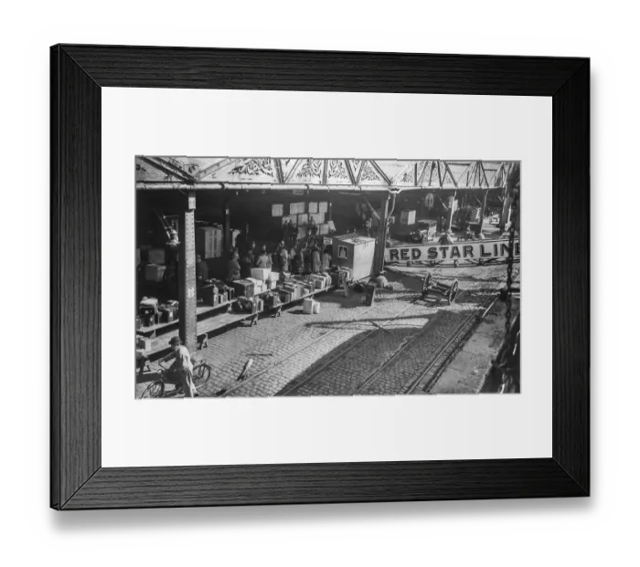 Framed Print : Old early 1900s photo of European emigrants travelling to the United States boarding steamship of the Red Star Line in