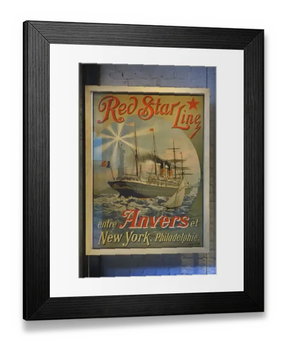 Framed Print : Vintage poster of the Red Star Line showing the passenger ship sailing under Belgian flag between Antwerp