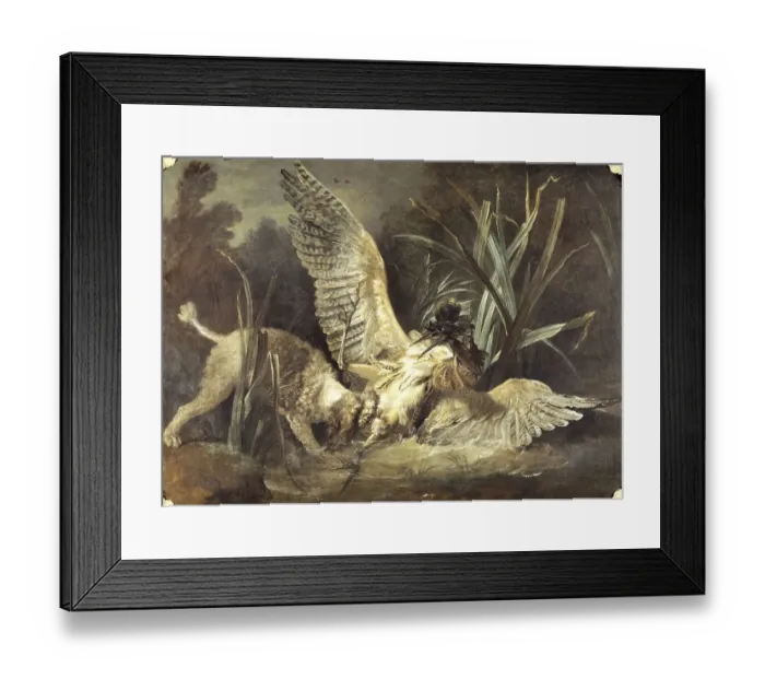 Framed Print : Spaniel Grabs a Bittern, Painting by Jean-Baptiste Oudry