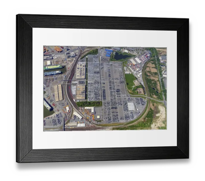 Framed Print : Aerial view of BLG car logistics with connection to rail and port