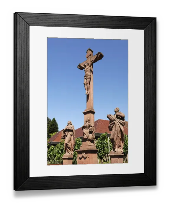 Framed Print : Christ cross with sculptures of saints against blue sky Framed Print : Christ cross with sculptures of saints against blue sky