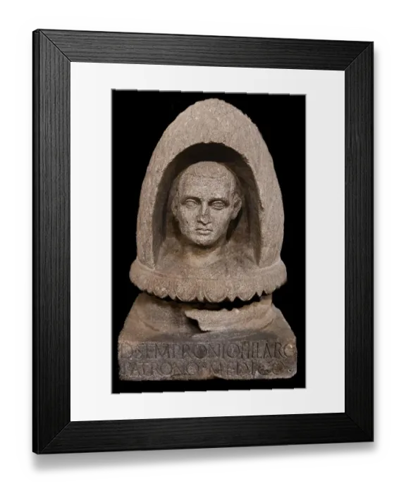 Framed Print : Urn lid with the portrait of Decimus Sempronius Hilarus from the 1st century