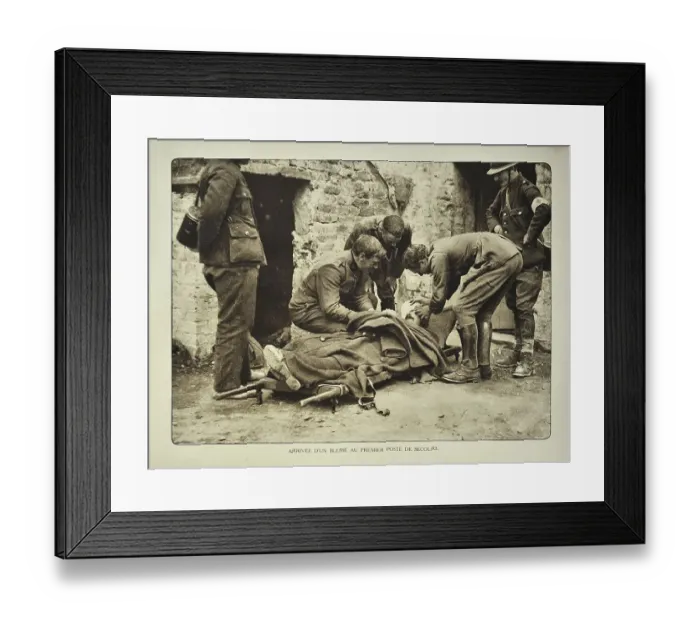Framed Print : Arrival of wounded soldier on stretcher at first aid post in Flanders during the First World War Framed Print : Arrival of wounded soldier on stretcher at first aid post in Flanders during the First World War