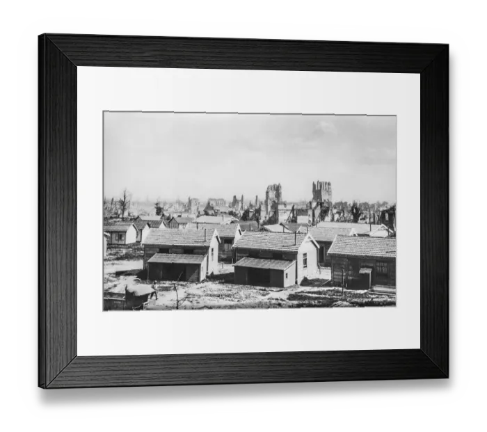 Framed Print : Temporary wooden houses, huts, emergency dwellings for First World War One Flemish civilian victims in 1919 at Ypres Framed Print : Temporary wooden houses, huts, emergency dwellings for First World War One Flemish civilian victims in 1919 at Ypres