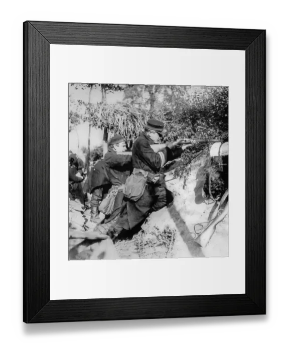 Framed Print : WWI Belgian infantrymen in trench shooting with Mauser Model 1889 bolt-action rifle used during World War One in 1914
