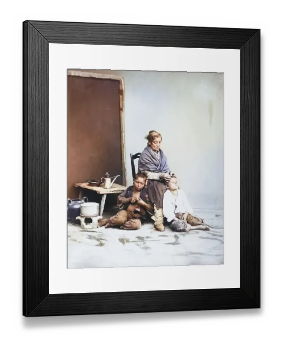 Framed Print : Delousing, mother examining her children's hair for lice Framed Print : Delousing, mother examining her children's hair for lice