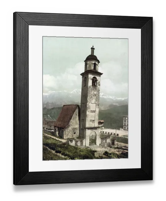 Framed Print : The Leaning Tower of St. Moritz is a church tower in the Swiss municipality of St