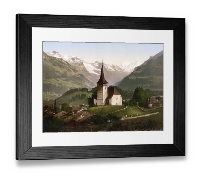 Framed Print : Frutigen, Kirche und Alpen, Bernese Oberland