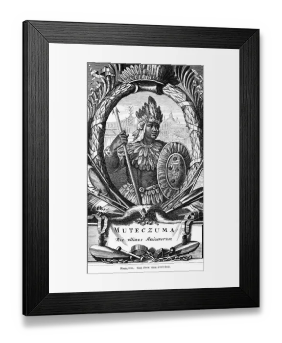 Framed Print : Mutezuma, the Mexican Aztec King armed with spear and shield