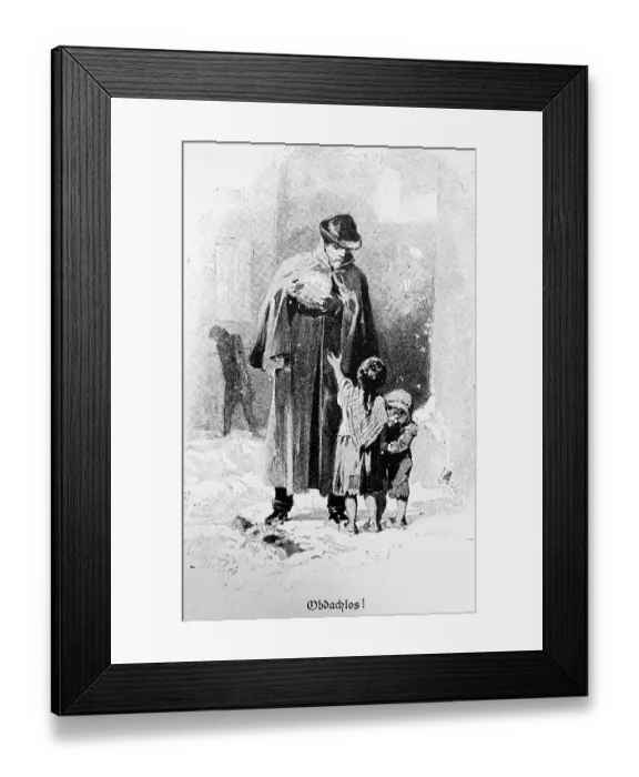 Framed Print : Man, coat, hat, children homeless Framed Print : Man, coat, hat, children homeless