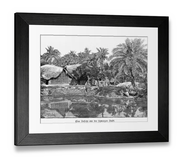 Framed Print : Black town, pond, houses, huts