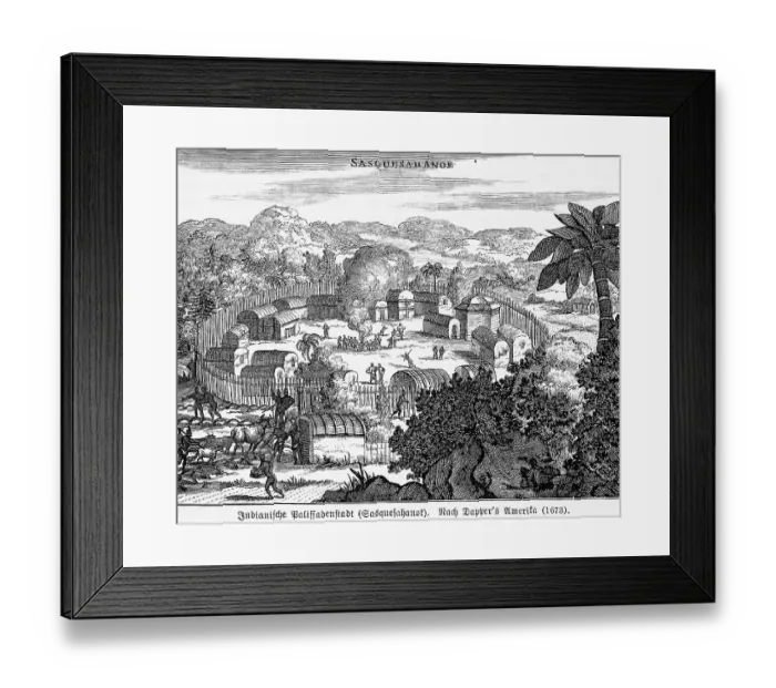 Framed Print : Indians, palisaded town of Sasquesahanok
