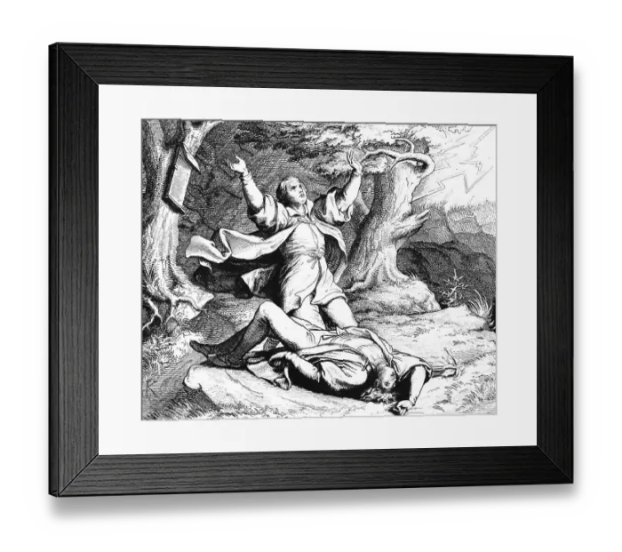 Framed Print : Martin Luther's friend Alexius is struck by lightning on a journey together Framed Print : Martin Luther's friend Alexius is struck by lightning on a journey together