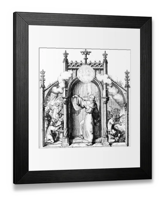 Framed Print : Martin Luther slams the 95 theses on the church door in Wittenberg (centre)