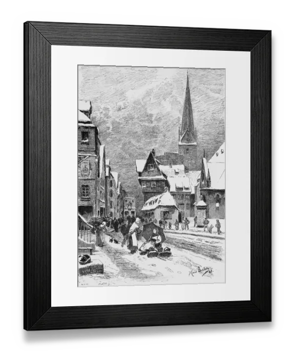 Framed Print : Winter street scene, stone street in the city centre Framed Print : Winter street scene, stone street in the city centre