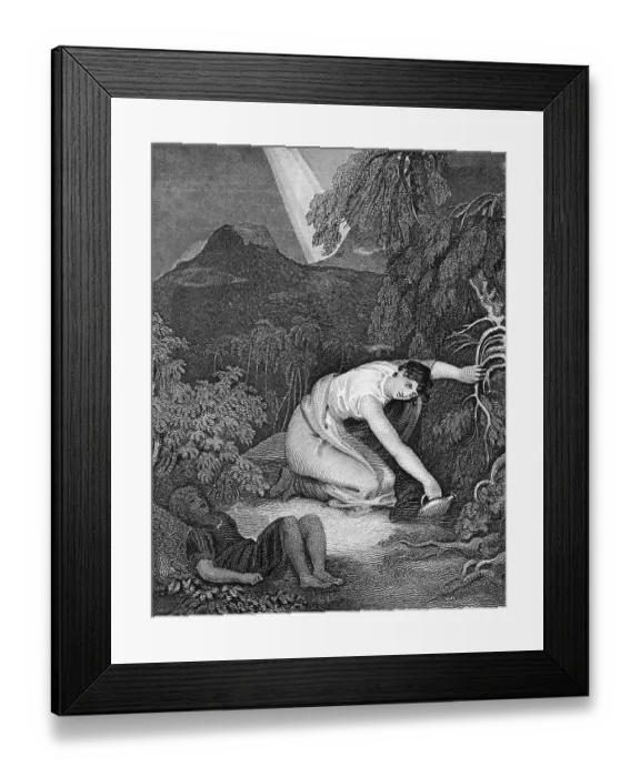 Framed Print : Hagar and Ishmael at a spring of water in a mountain landscape Framed Print : Hagar and Ishmael at a spring of water in a mountain landscape