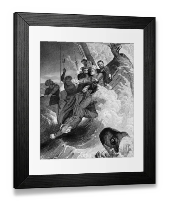 Framed Print : Jonah or Jonah is thrown from the boat into the water and is swallowed and saved by the whale