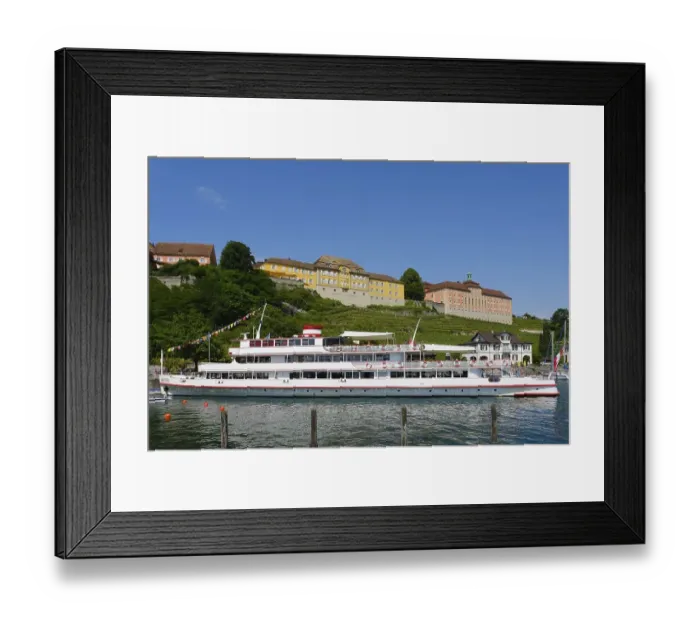 Framed Print : Excursion boat in the harbour, in the back Staatsweingut Meersburg and new castle
