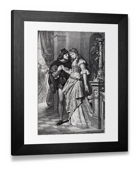 Framed Print : Couple wearing period costume, steel engraving Framed Print : Couple wearing period costume, steel engraving