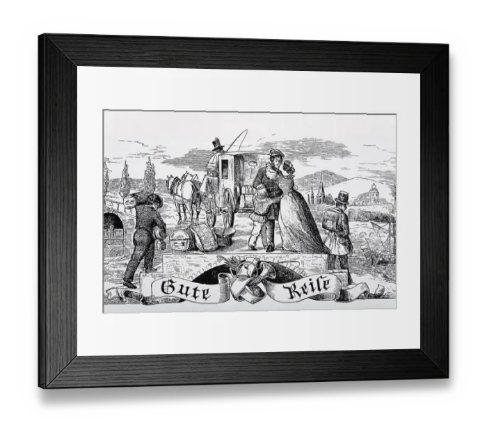 Framed Print : Historical vignette with a family taking leave and a coach