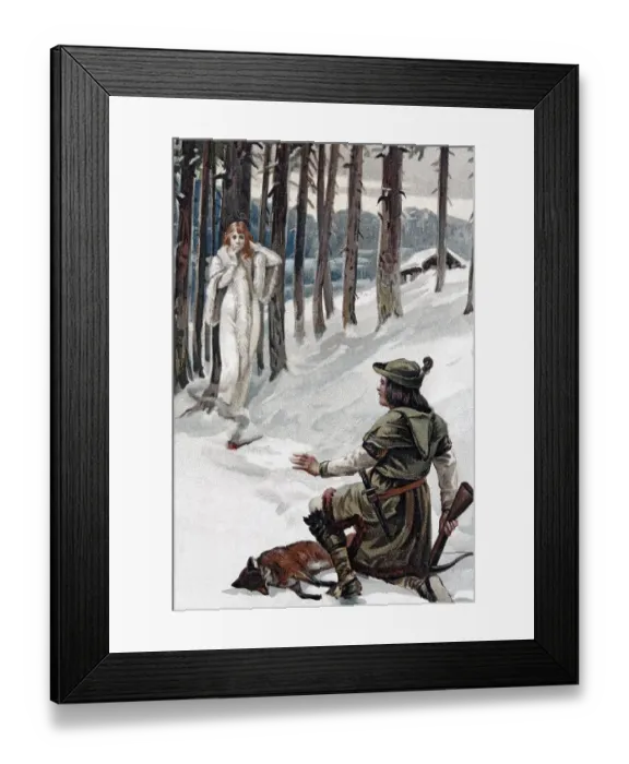 Framed Print : Hunter with a crossbow encountering a mysterious white woman in a snow-covered forest