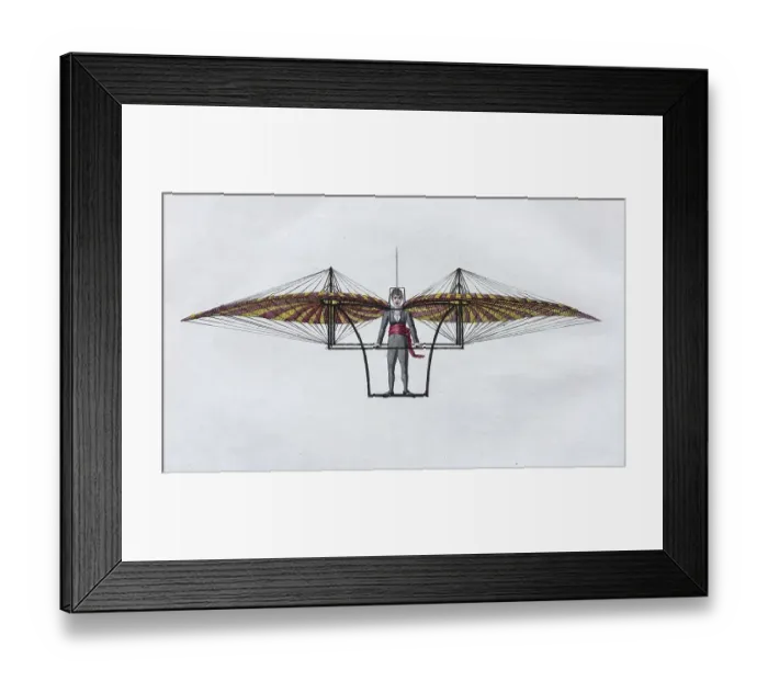 Framed Print : Flying machine by Jacob Degen, hand-colored copper engraving from Friedrich Justin Bertuch picture book for children