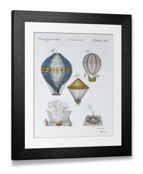 Framed Print : Various airships, hand-coloured copper engraving from Friedrich Justin Bertuch picture book for children Framed Print : Various airships, hand-coloured copper engraving from Friedrich Justin Bertuch picture book for children