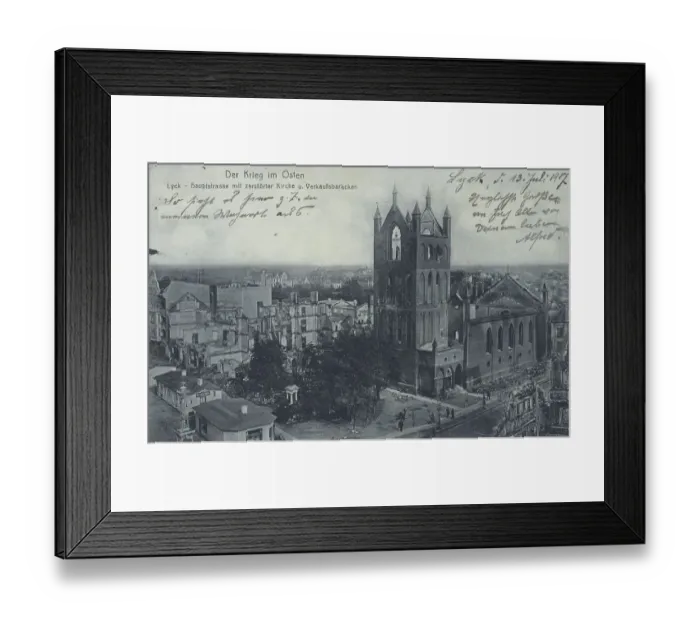 Framed Print : The war in the East, Lyck, main street with destroyed church and sales barracks Framed Print : The war in the East, Lyck, main street with destroyed church and sales barracks