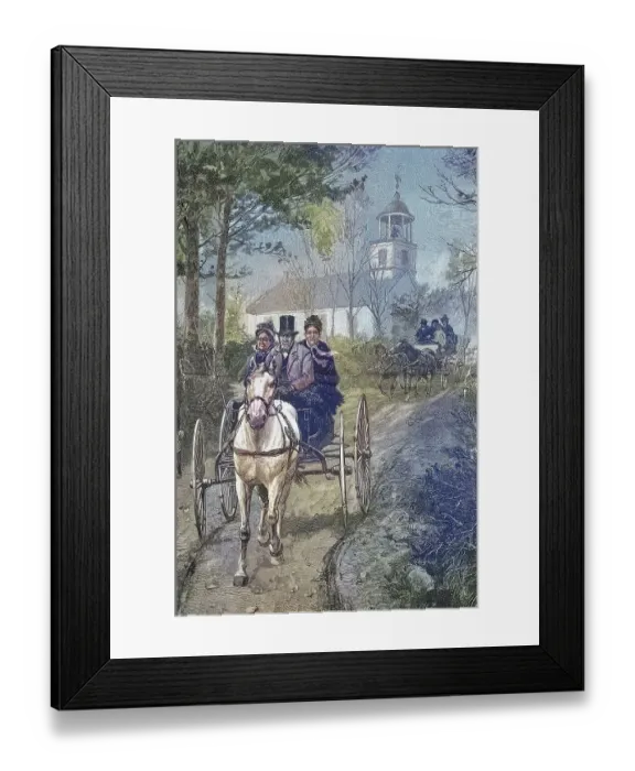 Framed Print : American farm family on their way home in a horse-drawn carriage after attending church