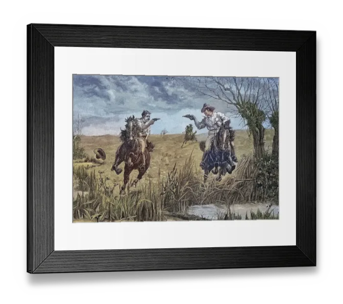 Framed Print : American cowboys duel with pistols from horseback
