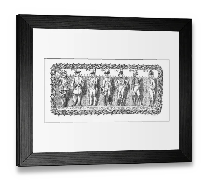 Framed Print : Uniform plate, men, soldiers with historical uniforms and weapons from the years 1633 to 1802