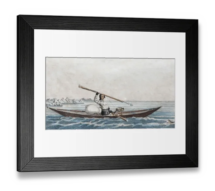Framed Print : Greenlandic kayak, hand-colored copper engraving from Friedrich Justin Bertuch picture book for children