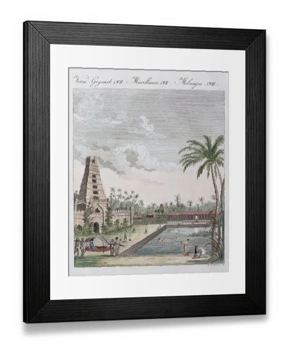 Framed Print : South Indian temple with temple pond and bathing Hindus