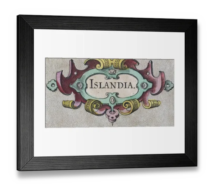Framed Print : Cartouche Islandia, hand-coloured Iceland copperplate engraving by Gerhard Mercator