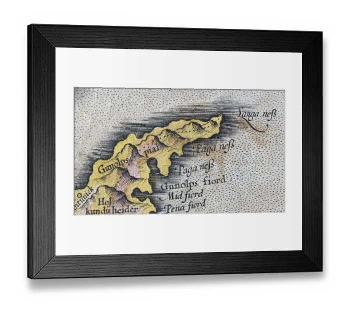 Framed Print : Langanes, Iceland, hand-coloured Iceland copperplate engraving by Gerhard Mercator Framed Print : Langanes, Iceland, hand-coloured Iceland copperplate engraving by Gerhard Mercator