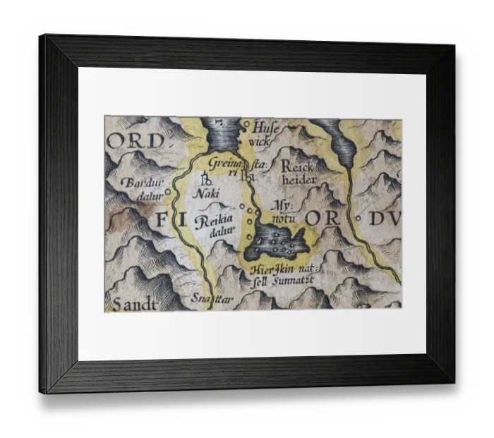 Framed Print : Myvatn or Myvatn, Iceland, hand-coloured Iceland copperplate engraving by Gerhard Mercator