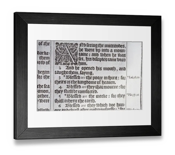 Framed Print : The Beatitudes, Matthew 5:1-4 from a first edition of the King James Bible