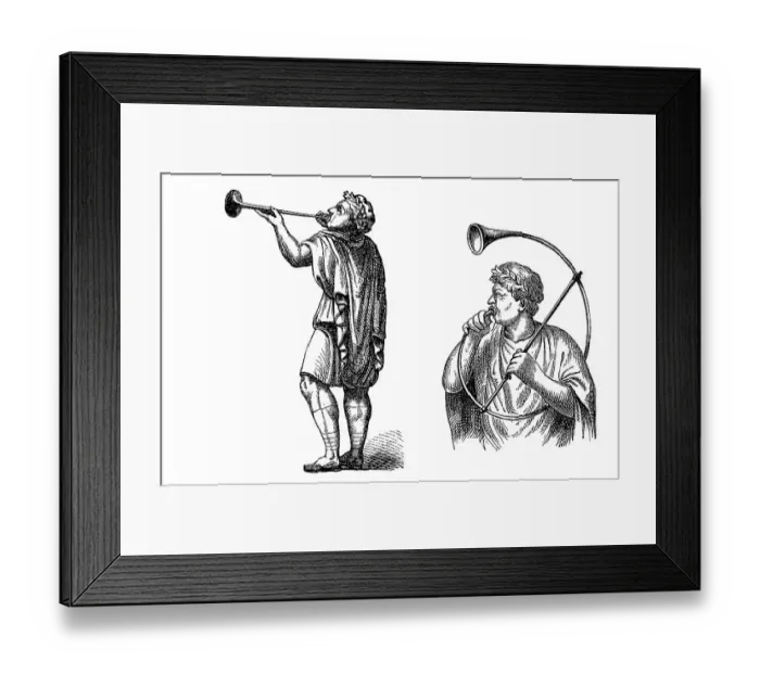 Framed Print : Roman tuba blower (left), Roman buccinator