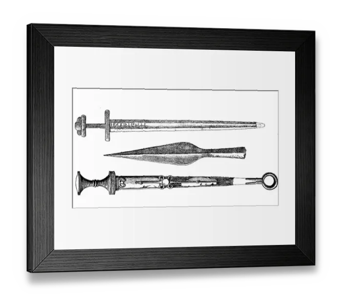 Framed Print : Germanic weapons, iron sword, iron lance tip and sword with runic inscription