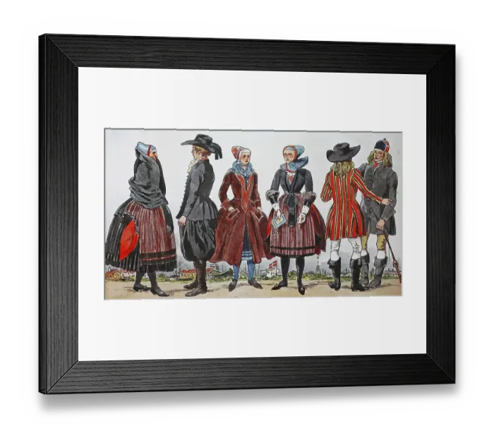 Framed Print : Fashion, clothing in Denmark, traditional costumes around 1800