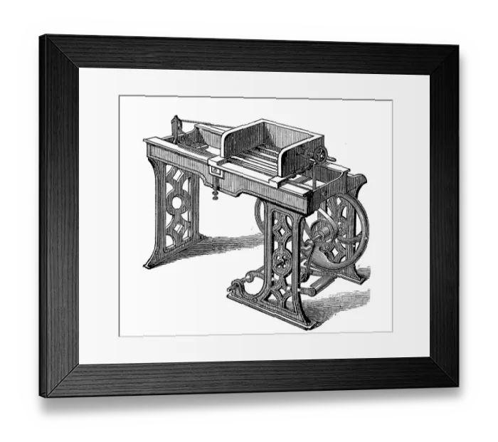 Framed Print : Bookbinding machines 1890: Single-saw machine Framed Print : Bookbinding machines 1890: Single-saw machine